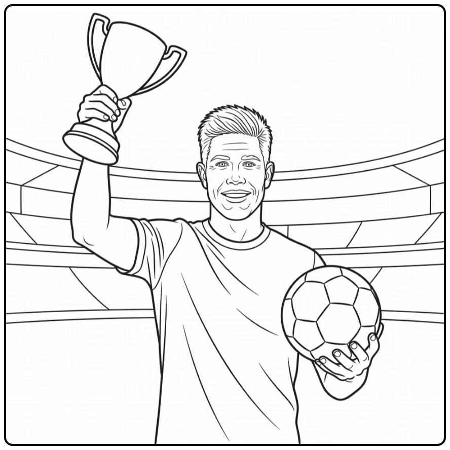 Victory coloring page of Kevin De Bruyne holding up a trophy
