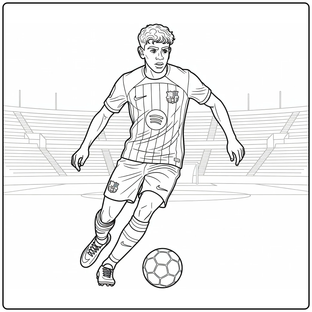 Barcelona-inspired coloring page of Lamine Yamal dribbling the ball