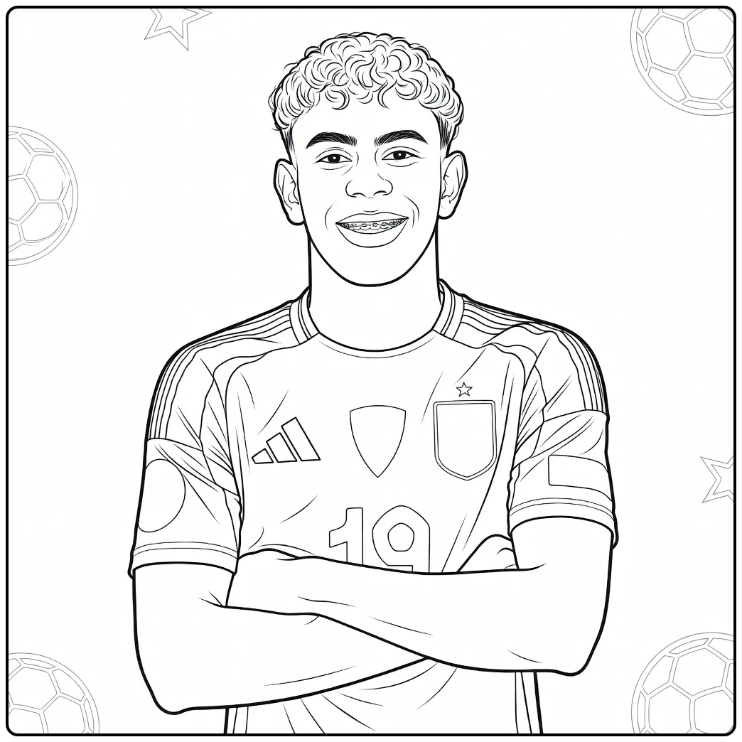 Spain-inspired coloring page of Lamine Yamal with arms crossed