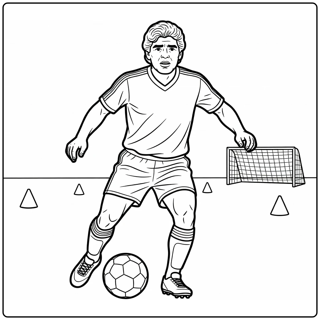 Training coloring page of Maradona controlling a soccer ball among cones