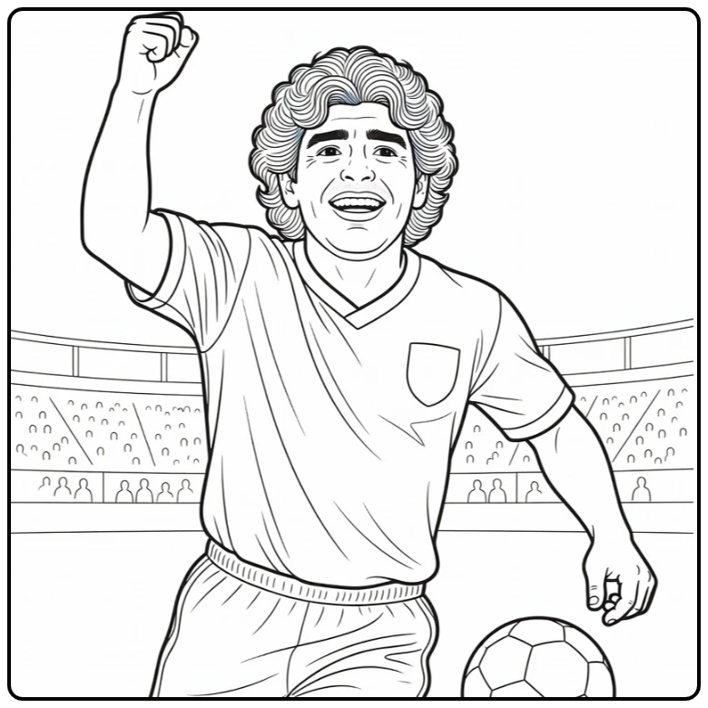 Maradona coloring page featuring Diego celebrating with one arm raised