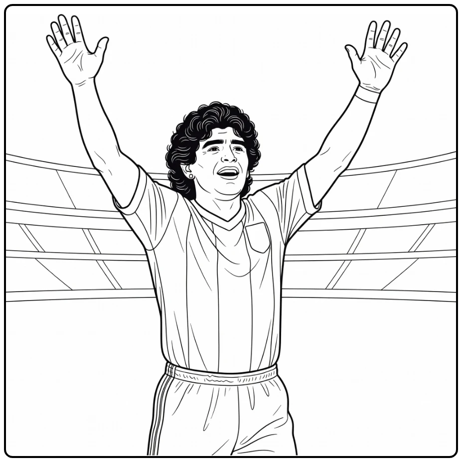 A Maradona coloring page featuring a goal celebration with both arms raised