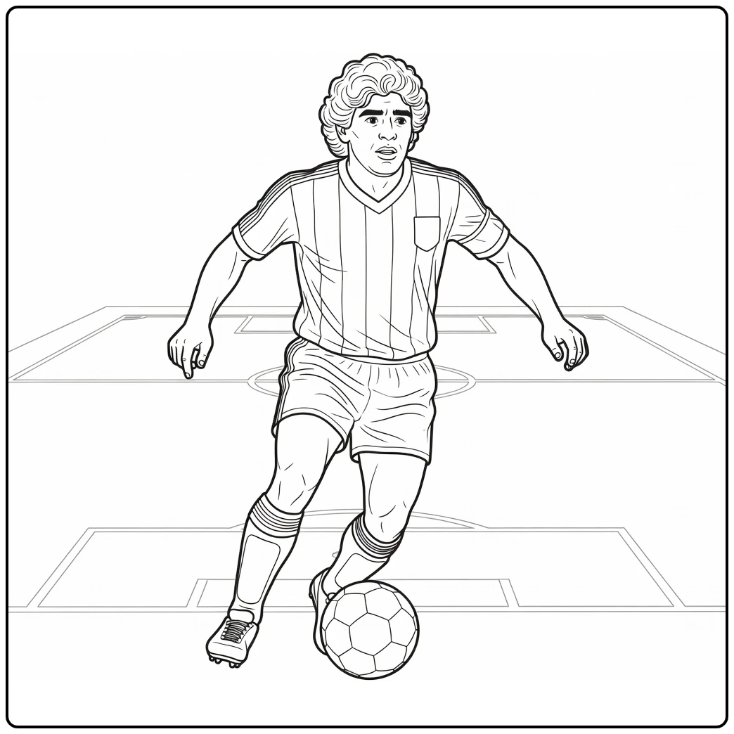 Maradona coloring page showing him dribbling the ball on the field