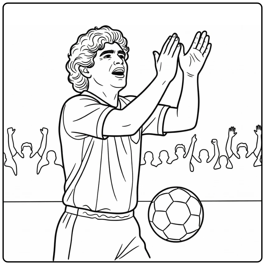 Maradona coloring page with the soccer star clapping for fans