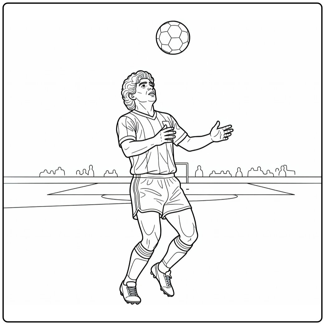 A soccer coloring page of Maradona balancing the ball above him