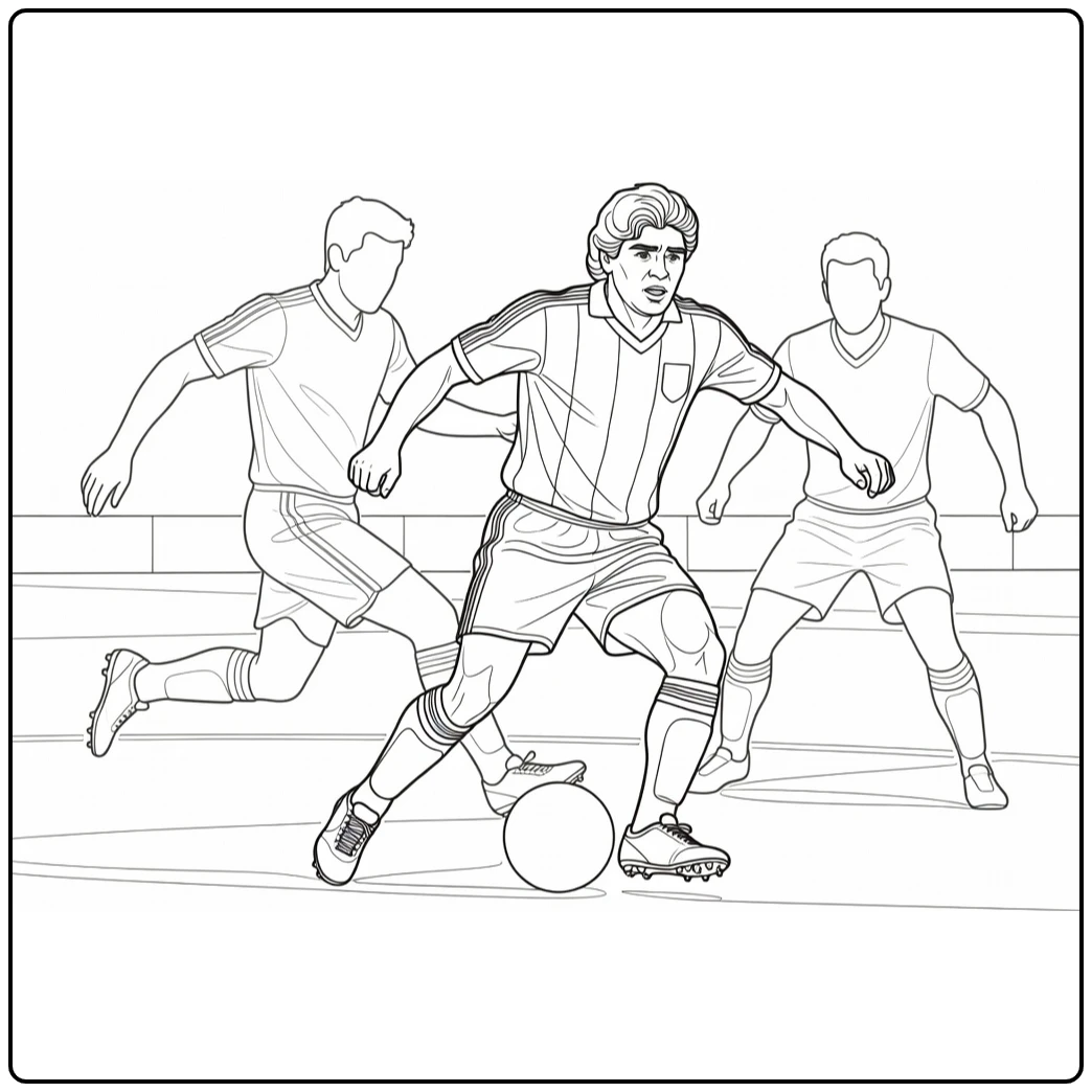 Maradona coloring page with two defenders closing in as he dribbles
