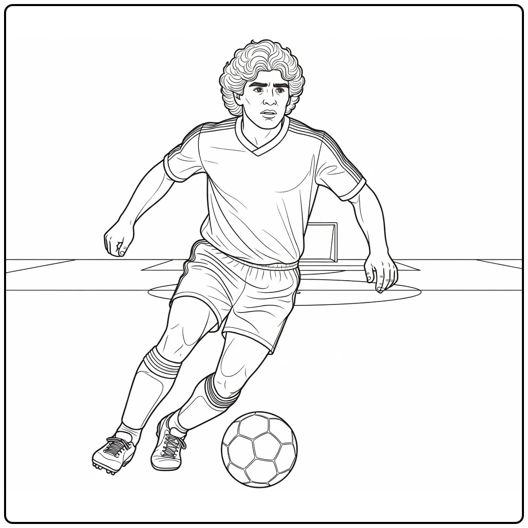 Maradona coloring page showing Diego dribbling across the field