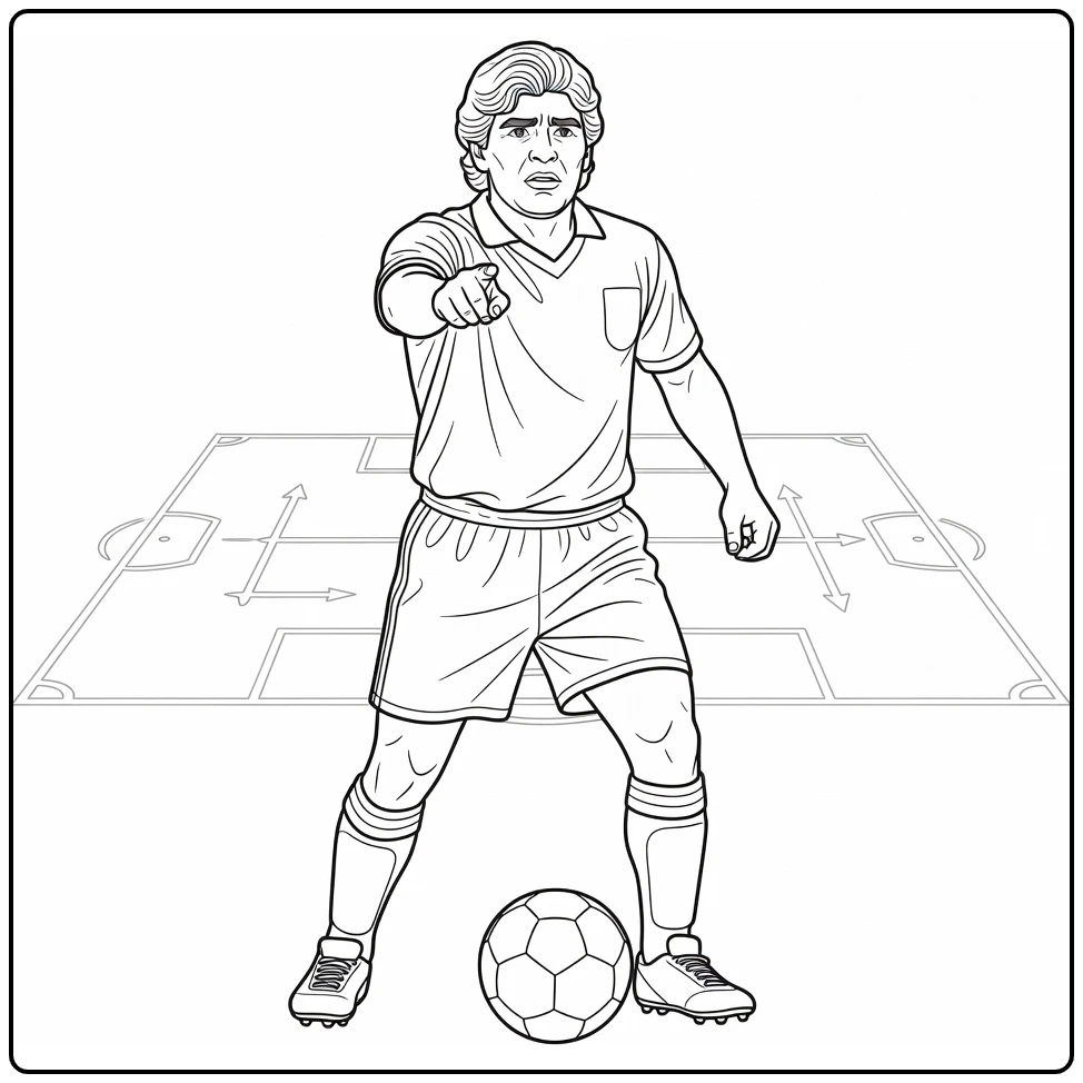 Maradona coloring page showing the playmaker pointing across the field
