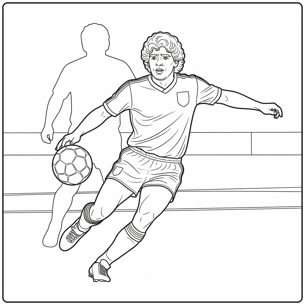 Maradona coloring page showing a sharp turn away from a defender