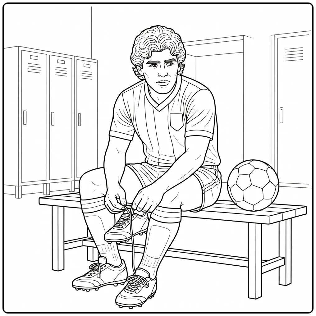Maradona coloring page as he ties his cleats on a locker room bench