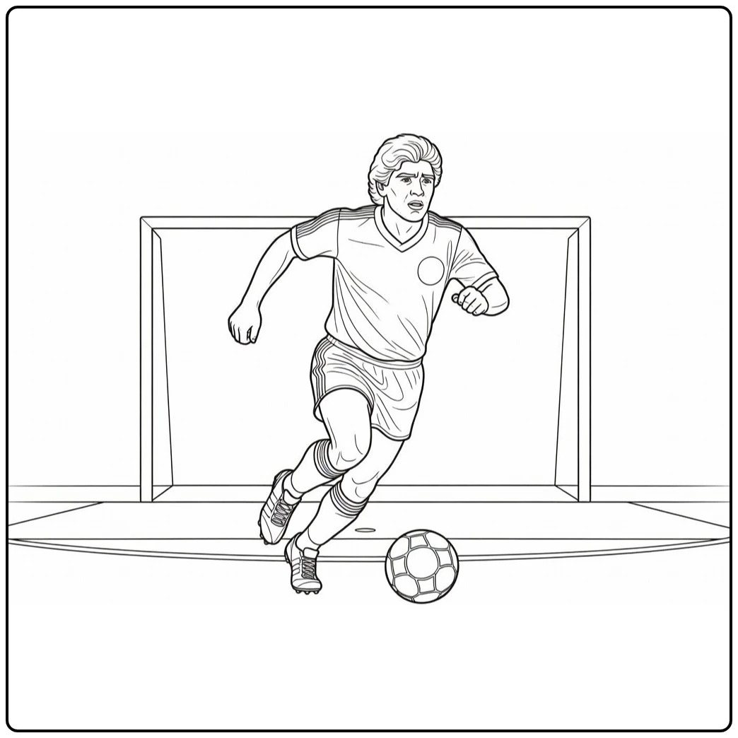 Maradona coloring page as he runs with the ball toward the goal
