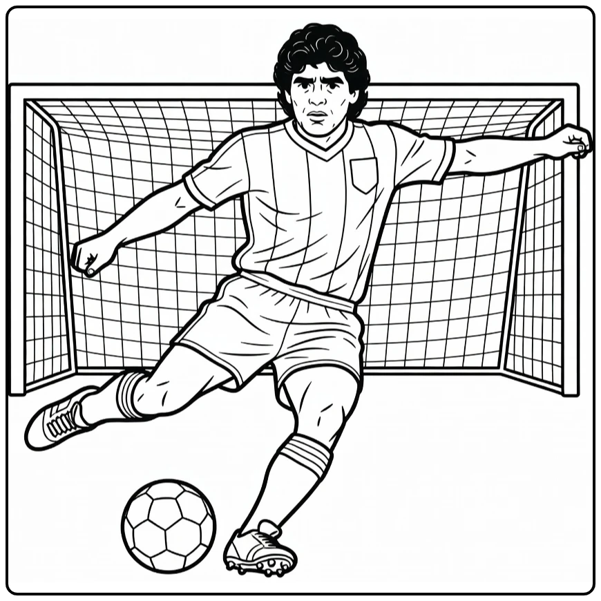 Maradona coloring page as he takes a left-footed shot toward goal