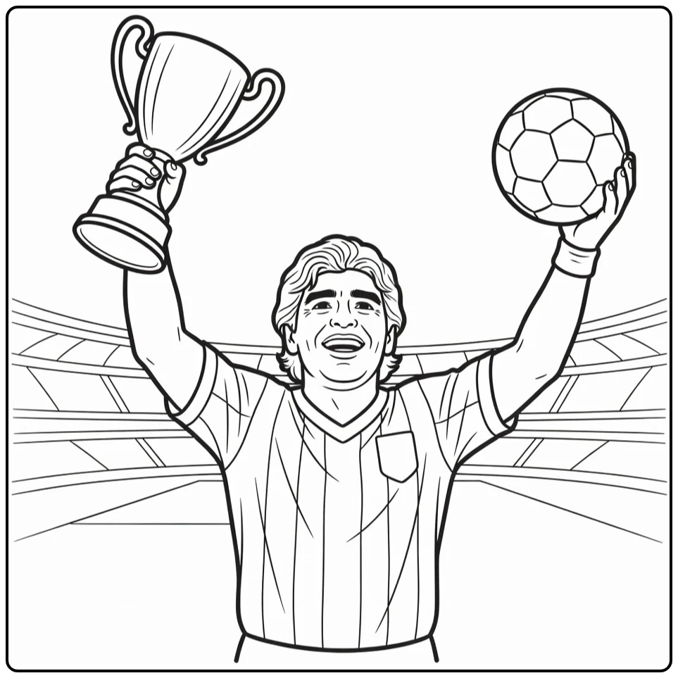 Victory coloring page of Maradona holding up a trophy and soccer ball