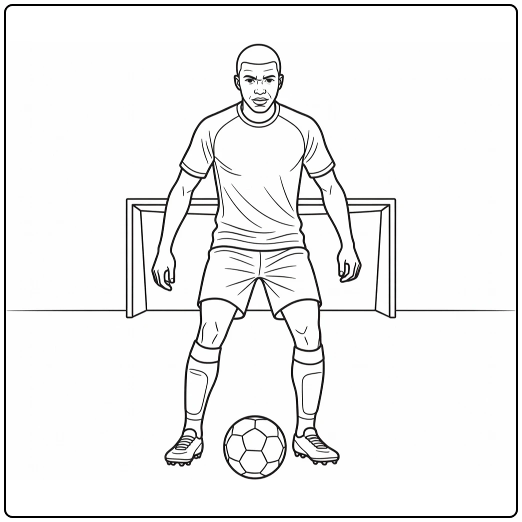 Kylian Mbappe coloring page showing a penalty-kick setup