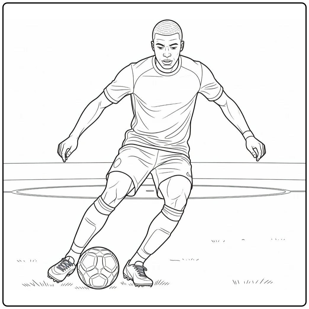 Kylian Mbappe coloring page featuring a step-over dribble