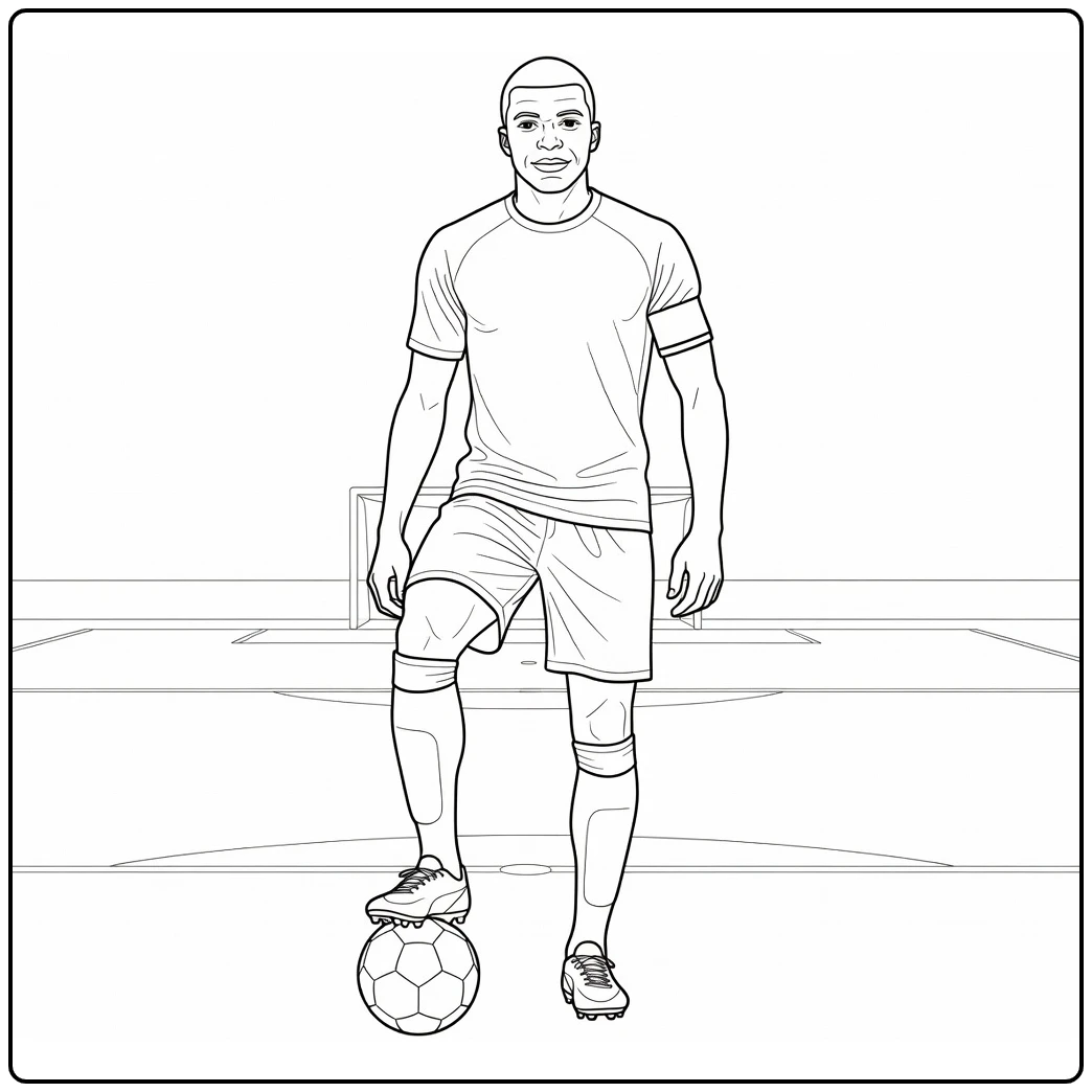 Kylian Mbappe coloring page featuring a confident pose with the ball