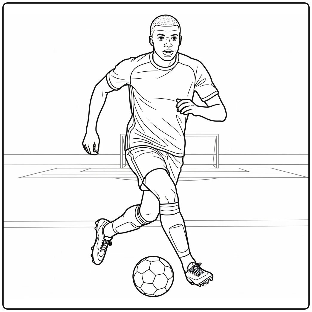 Mbappe coloring page showing Kylian running with the soccer ball