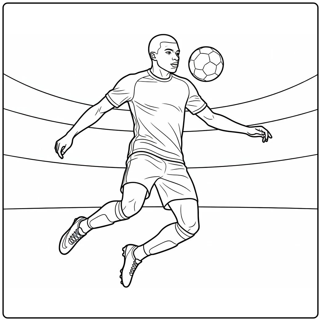 Kylian Mbappe coloring page showing an airborne ball control