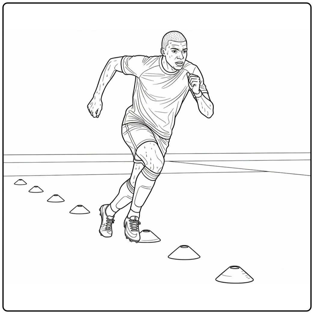 Kylian Mbappe coloring page featuring a sprint drill