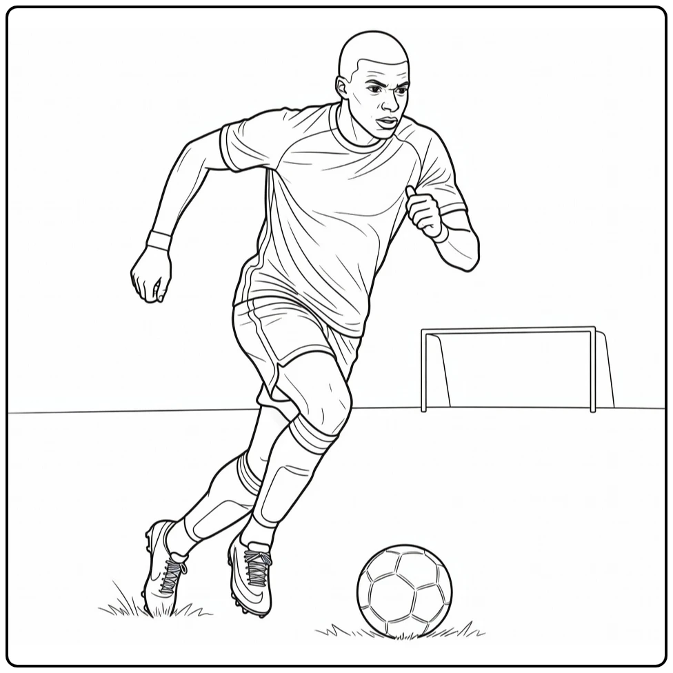 Kylian Mbappe coloring page featuring a fast dribble
