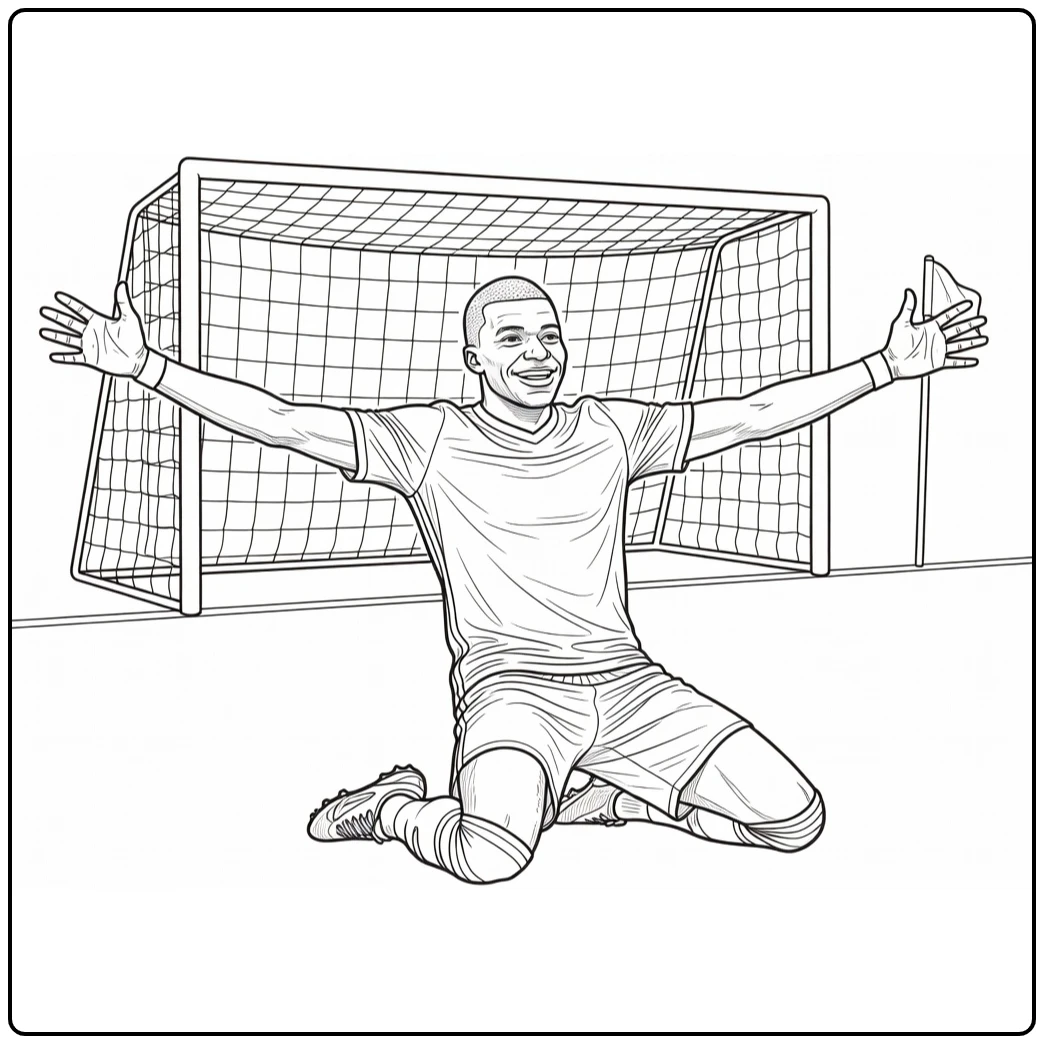 Kylian Mbappe coloring page showing a knee-slide celebration