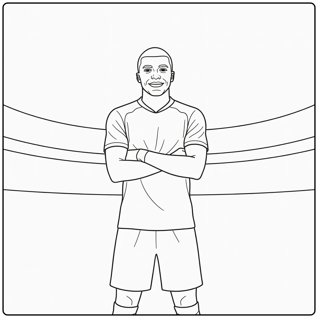 Kylian Mbappe coloring page featuring his crossed-arms celebration