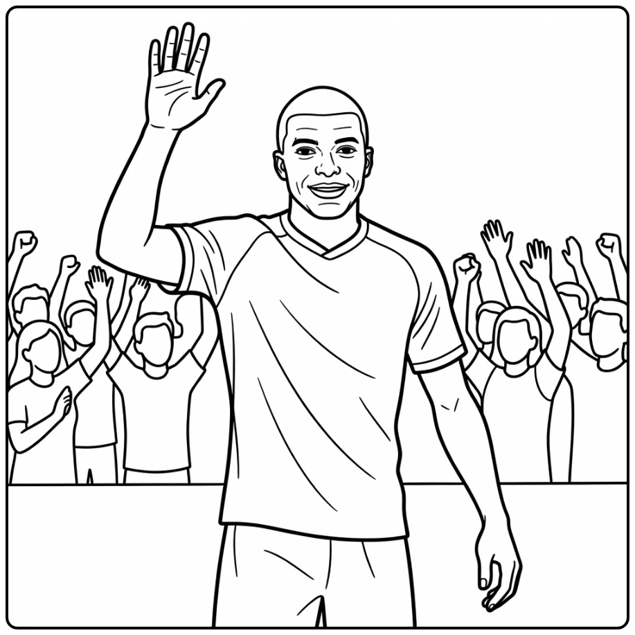Kylian Mbappe coloring page featuring him greeting soccer fans
