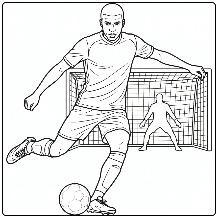 Kylian Mbappe coloring page showing a shot on goal