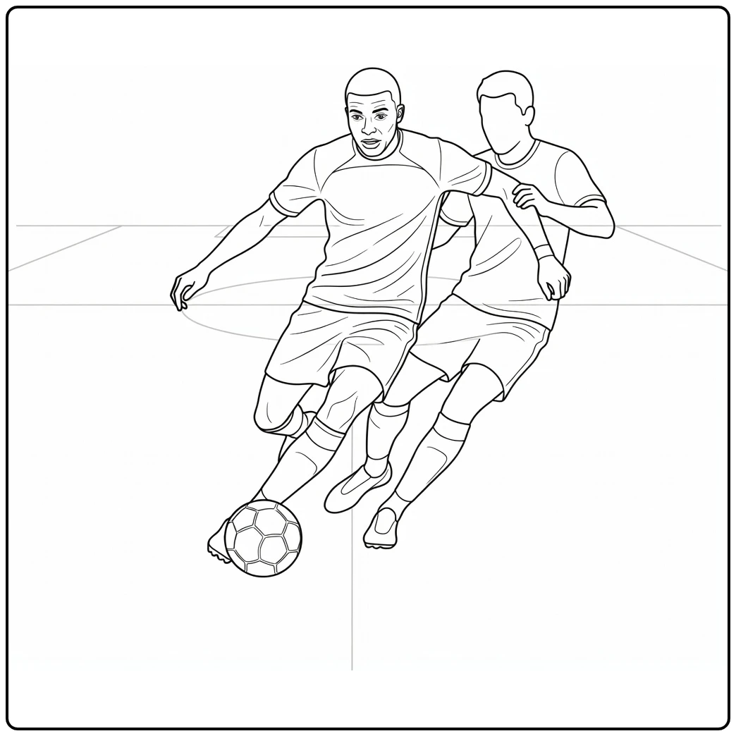 Kylian Mbappe coloring page showing him beating a defender