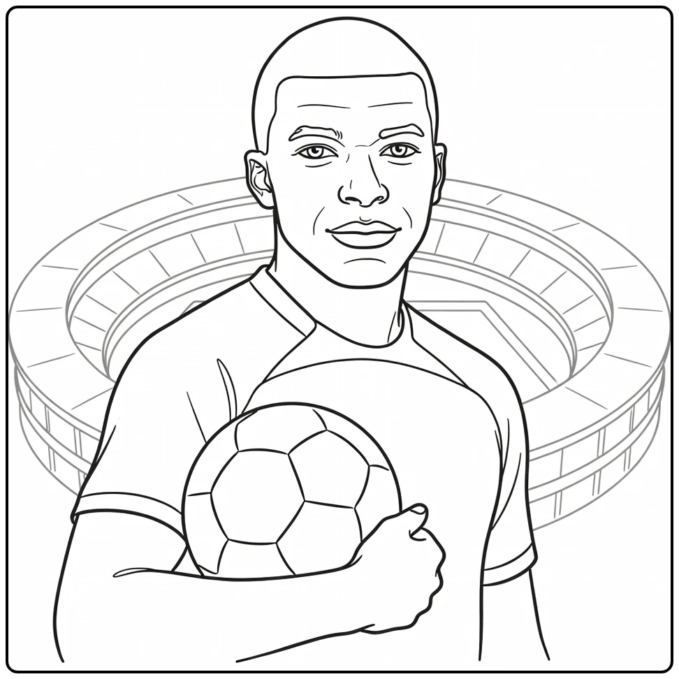 Kylian Mbappe coloring page showing a portrait with the ball