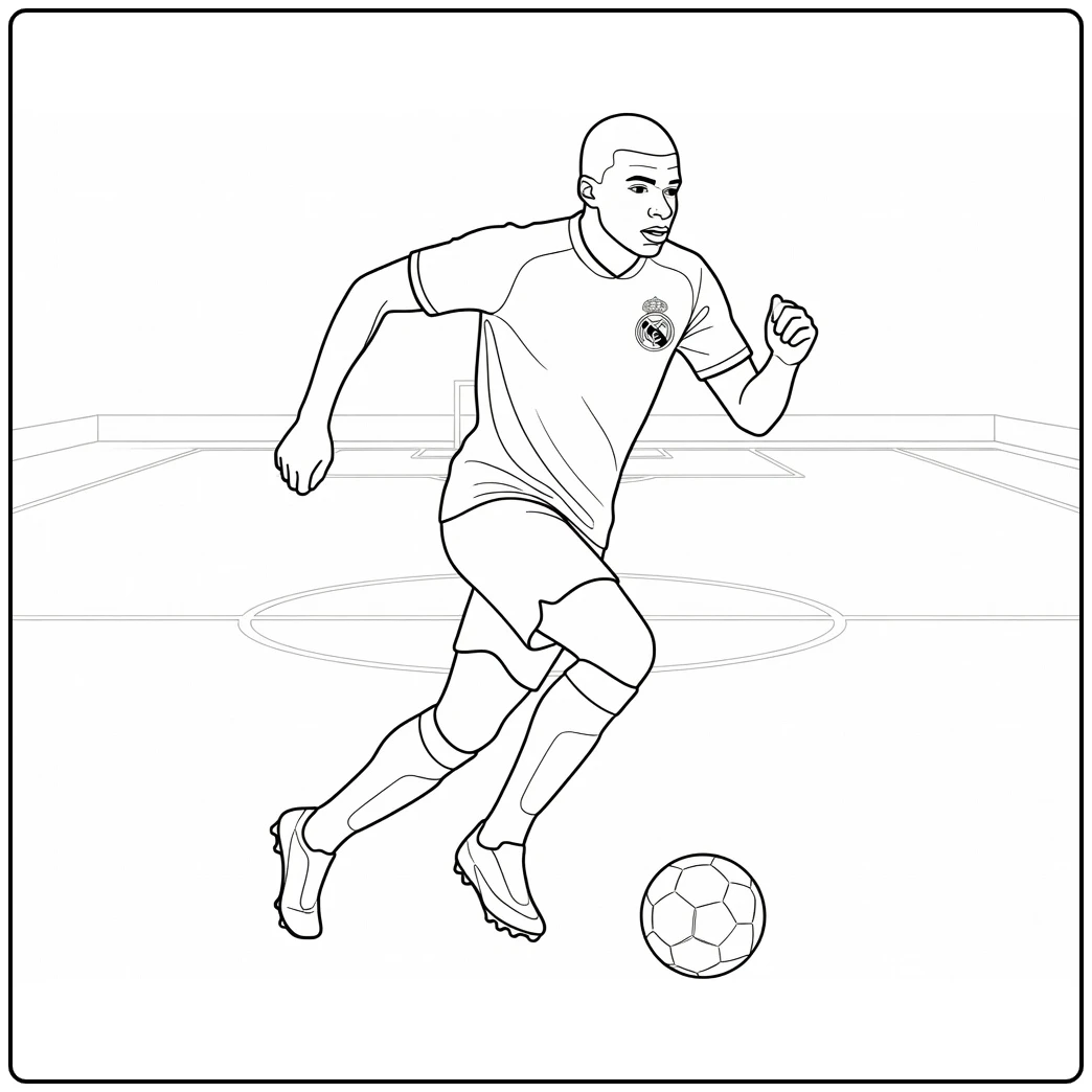 Kylian Mbappe Real Madrid coloring page featuring a dynamic dribble