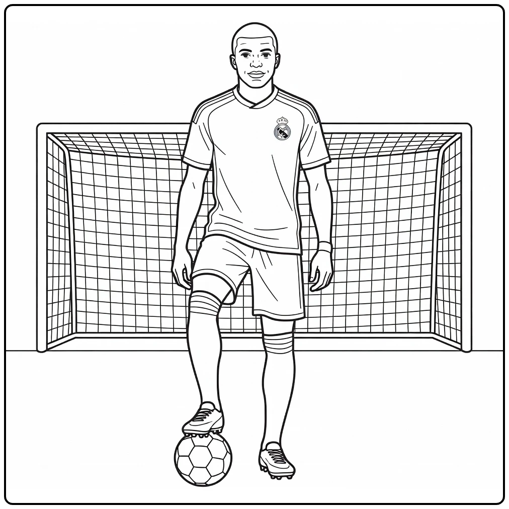 Kylian Mbappe Real Madrid coloring page showing a confident pose
