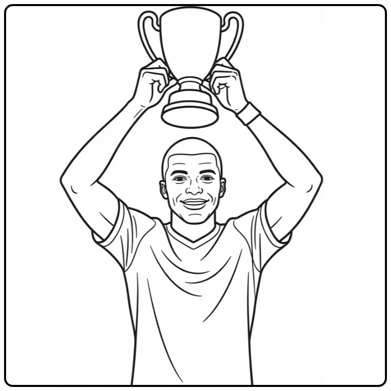 Kylian Mbappe coloring page showing him raising a trophy