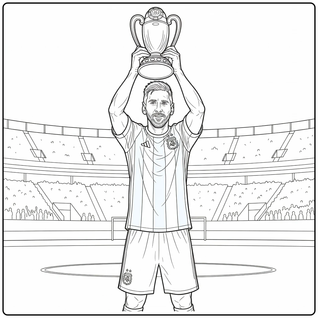 Lionel Messi Argentina coloring page featuring a trophy celebration