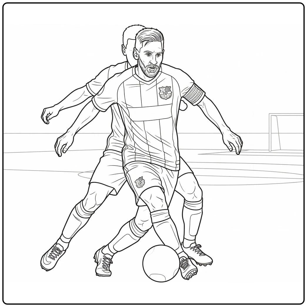 Lionel Messi Barcelona coloring page showing him beating a defender