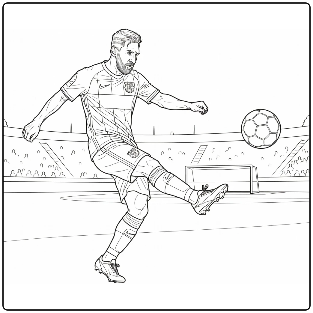 Lionel Messi Barcelona coloring page featuring a free kick