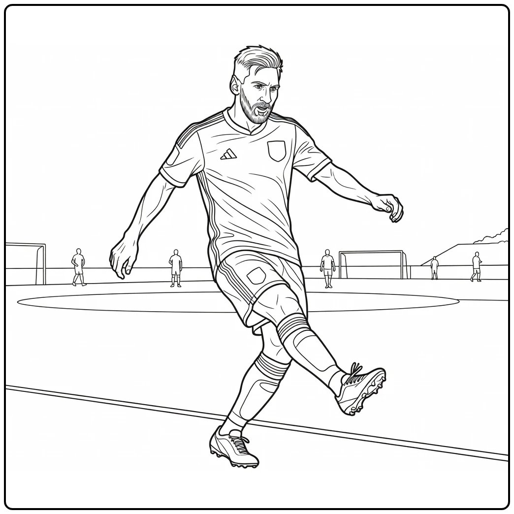 Lionel Messi coloring page showing a left-footed pass