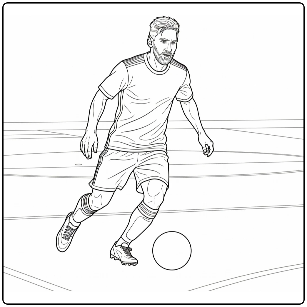 Lionel Messi coloring page showing him dribbling with his left foot