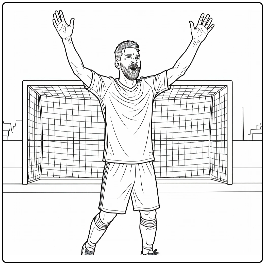 Messi coloring page featuring Lionel with his arms raised after scoring