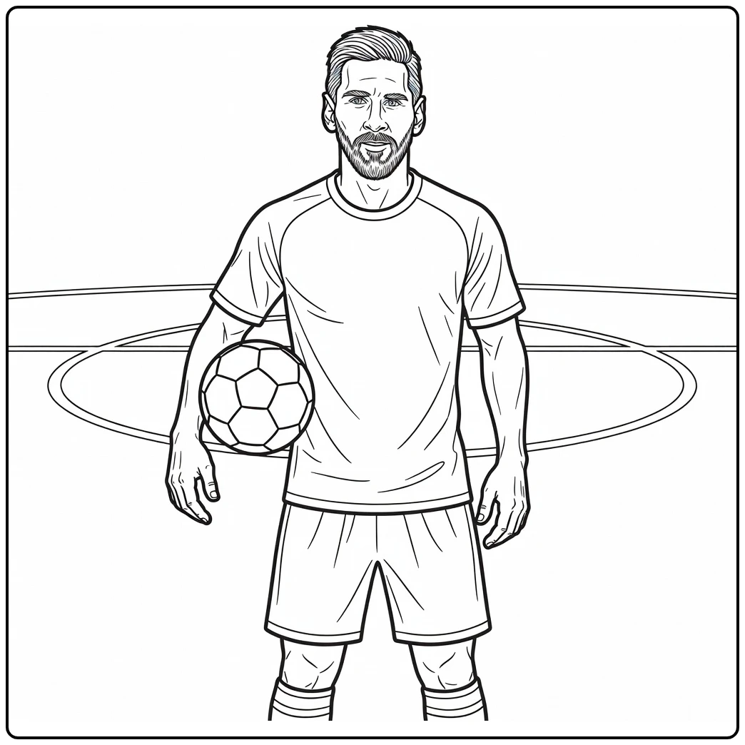 Lionel Messi coloring page featuring a captain pose with the ball