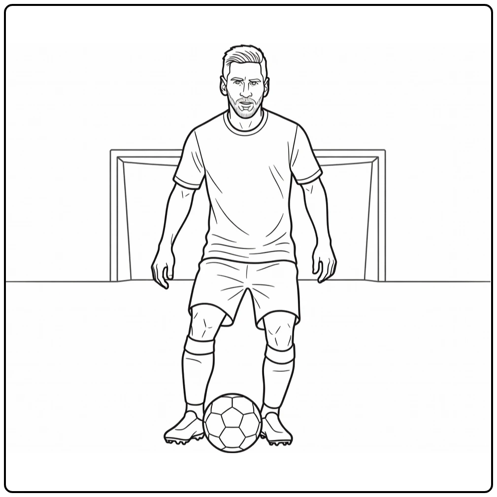 Lionel Messi coloring page featuring a free-kick setup