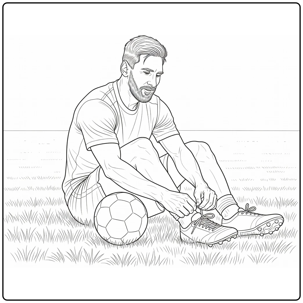 Lionel Messi coloring page featuring him preparing beside the ball