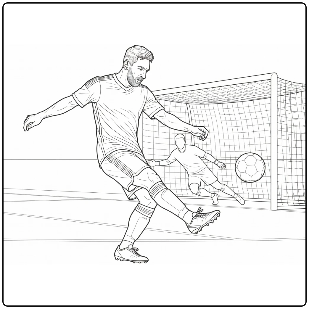 Lionel Messi coloring page featuring a shot on goal