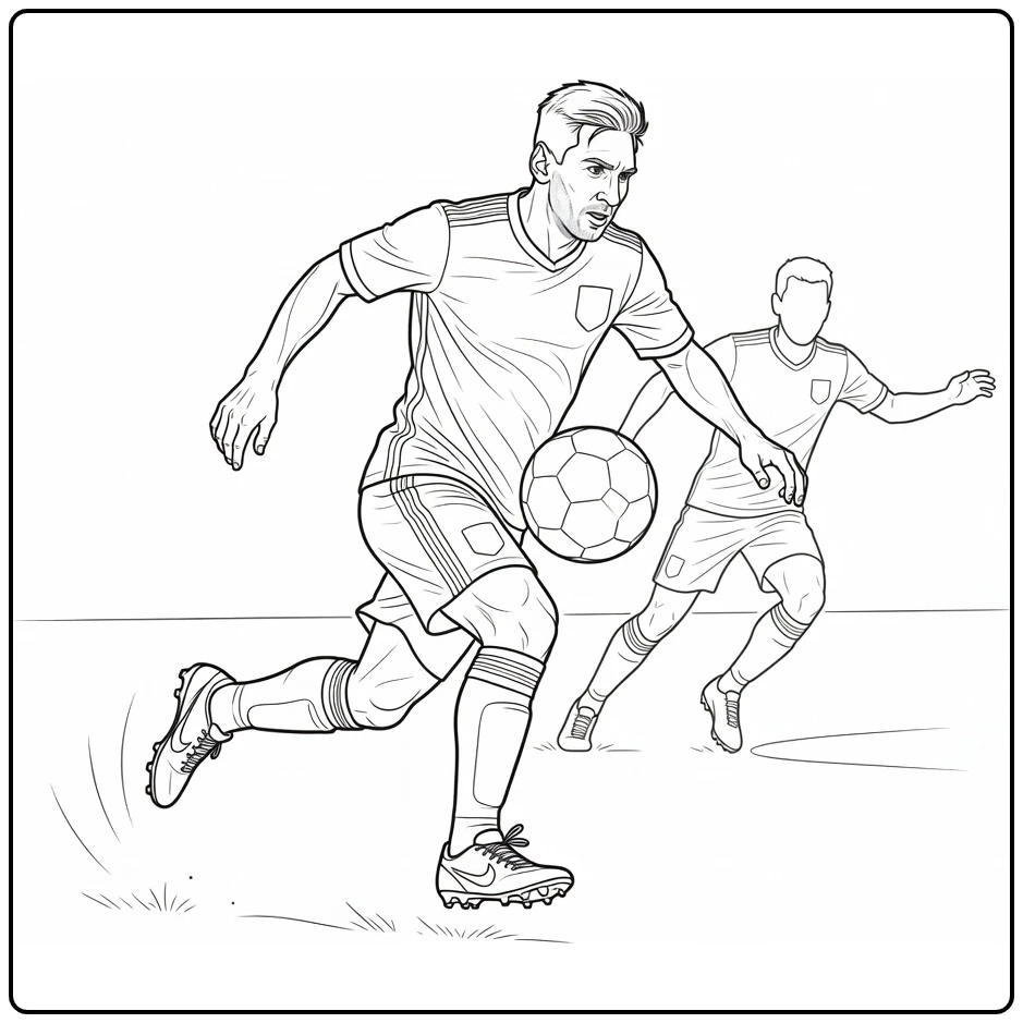 Lionel Messi coloring page showing a fast dribble past a defender