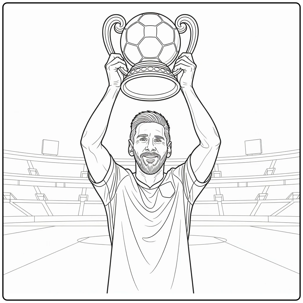 Lionel Messi coloring page featuring him raising a trophy