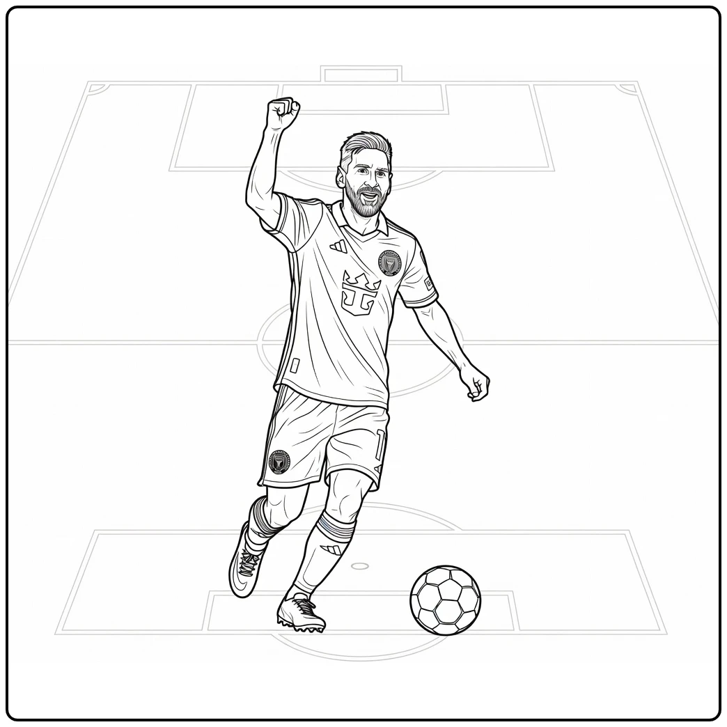 Lionel Messi Miami coloring page featuring a goal celebration