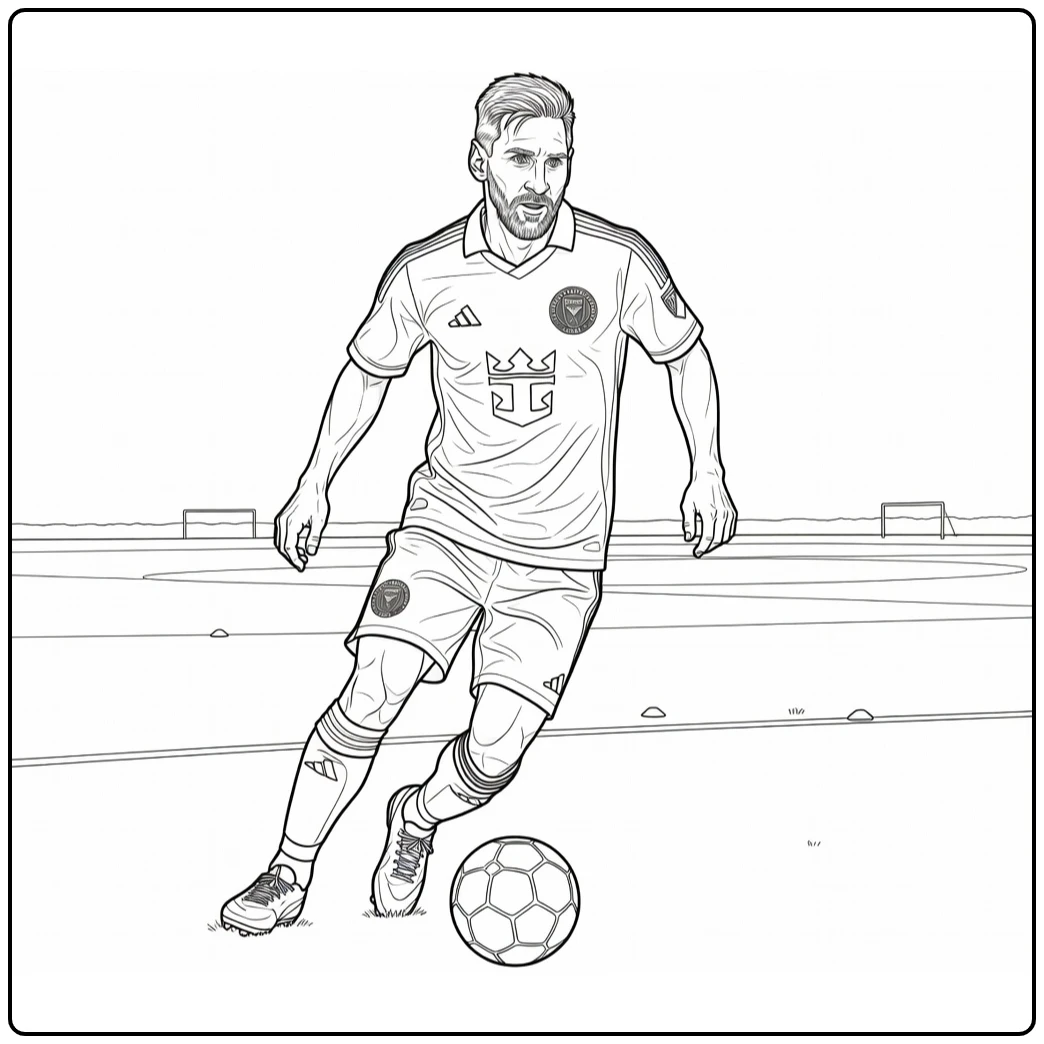 Lionel Messi Miami coloring page showing a confident dribble