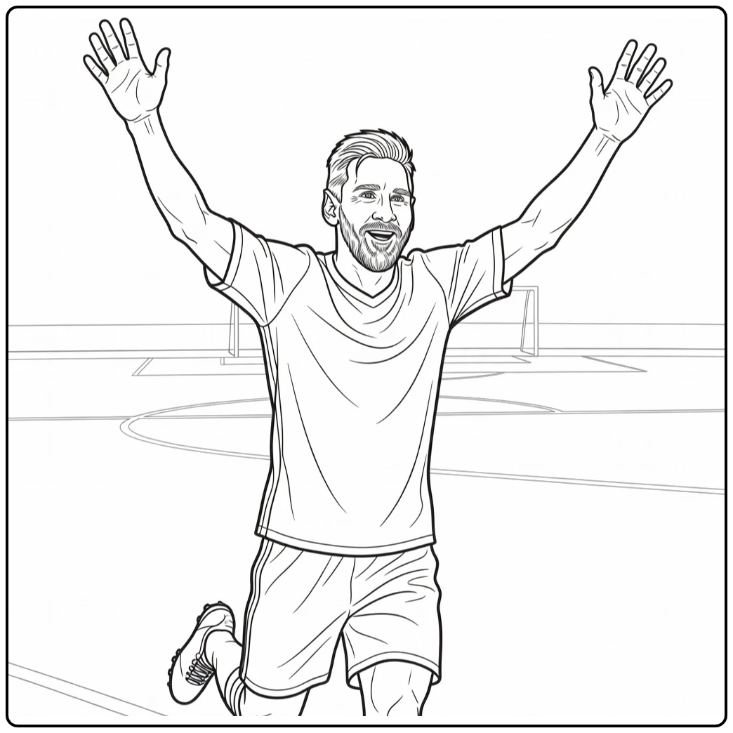 Lionel Messi coloring page showing a goal celebration