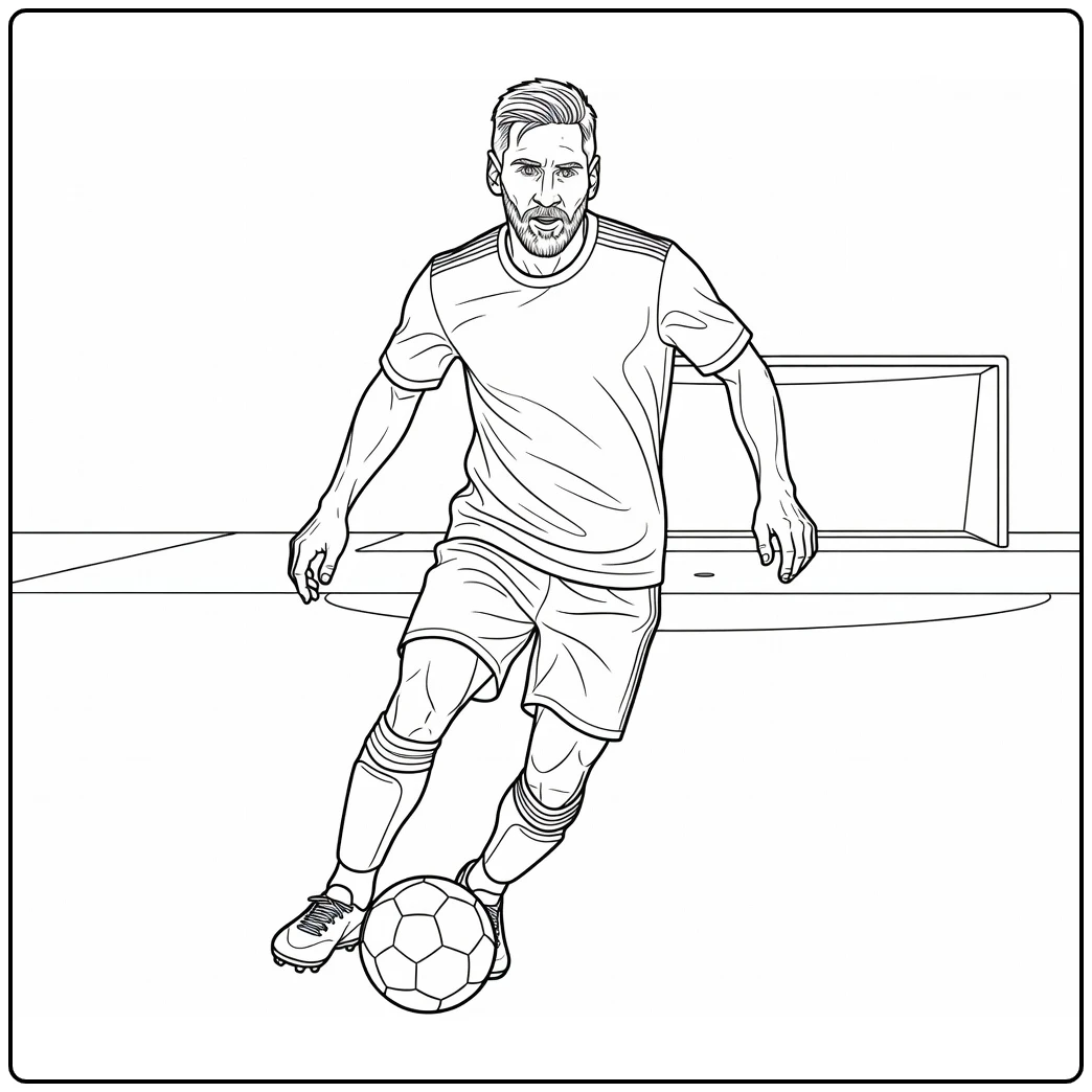 Messi coloring page showing Lionel dribbling with focus