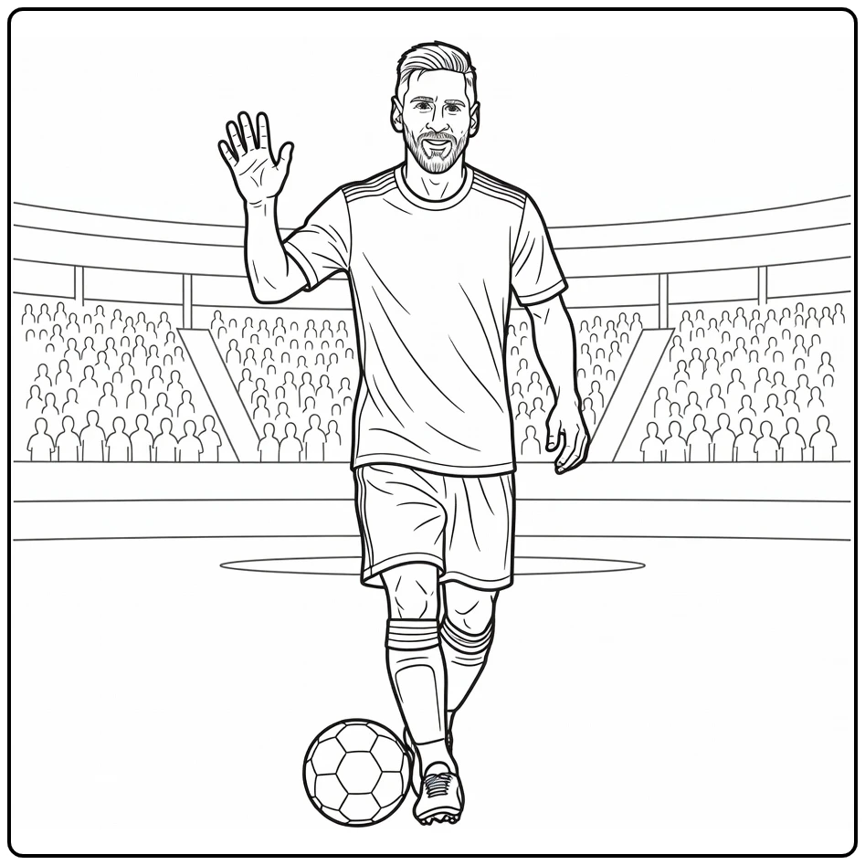 Lionel Messi coloring page showing him greeting soccer fans